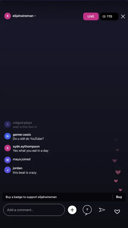 Fake Instagram Live full screen with LIVE pill, viewer count, and two-line comments