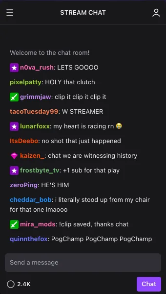Fake Twitch chat panel mockup with colored usernames and mod badges