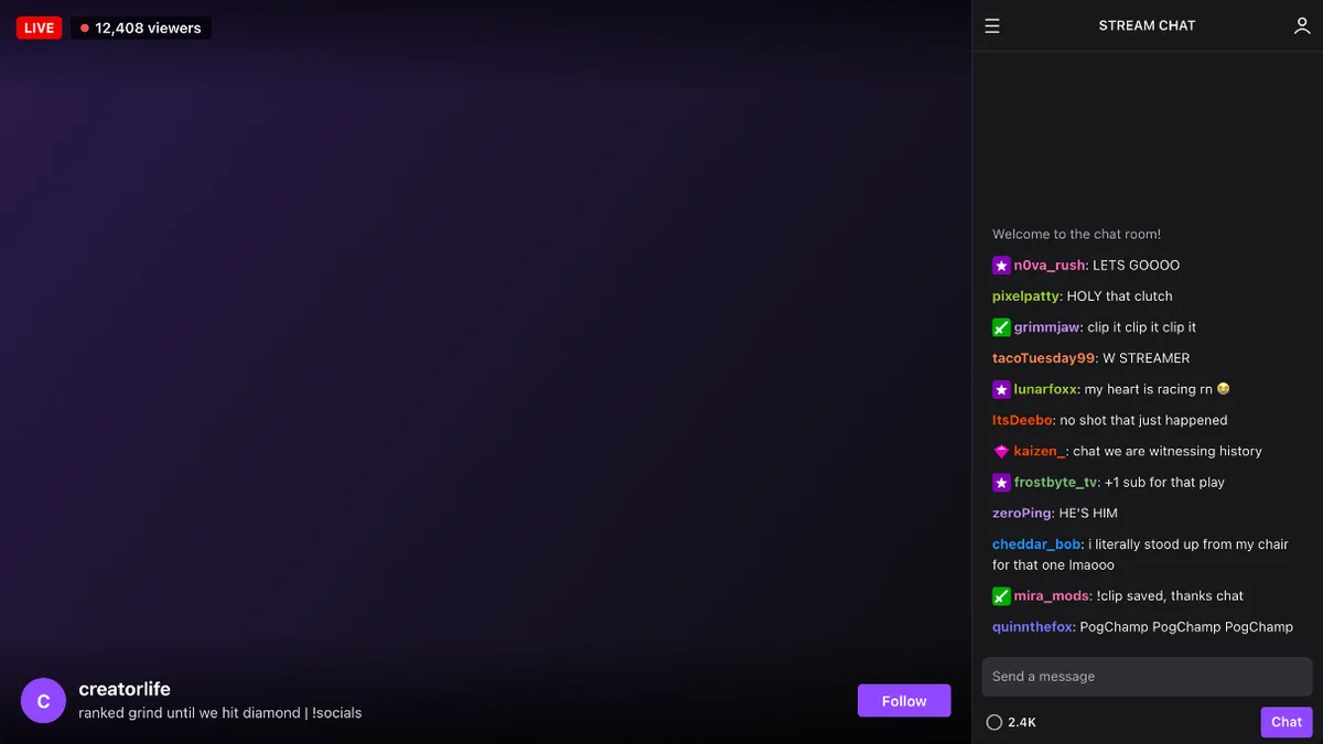 Fake Twitch stream screen with LIVE badge and chat beside gameplay