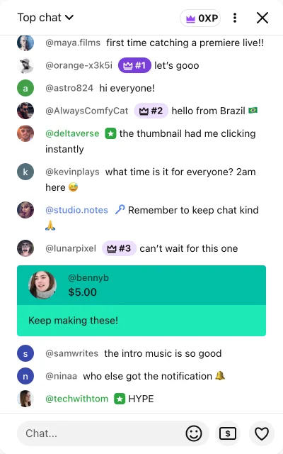Super Chat mockup in a fake YouTube live chat with colored donation cards